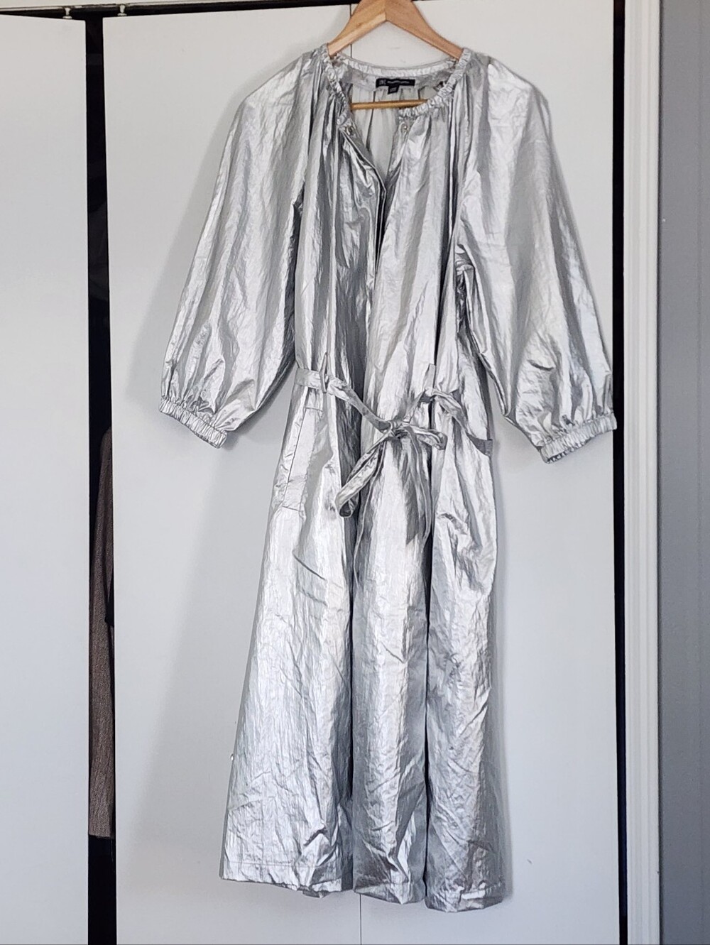 INC Metallic Silver Long Sleeve Tie-Waist Dress